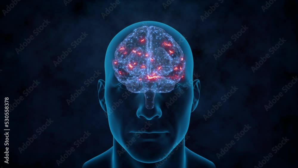Animation of the human thought process. Looped rotation of the human head and visible red impulses in the cerebral cortex.3D render.
