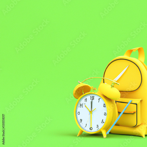 Yellow backpack with alarm clock and school equipment. Back to school concept on green background 3D Rendering, 3D Illustration photo