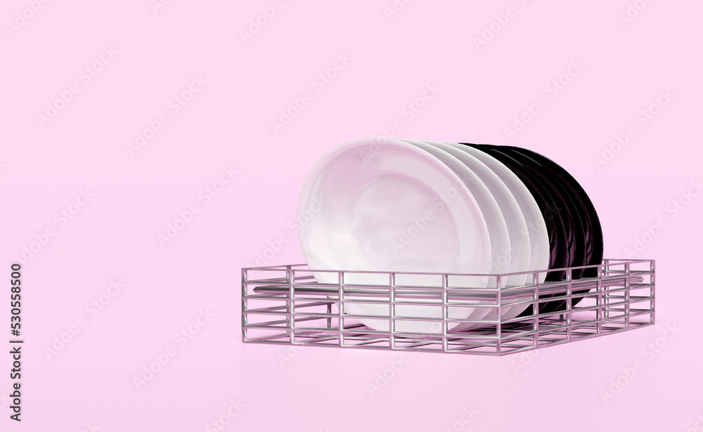 Obraz premium 3d dish drying rack for kitchen counter isolated on pink background. trendy style concept, 3d render illustration, clipping path