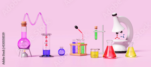 3d science experiment kit with alcohol lamp, beaker, test tube, microscope isolated on pink background. classroom online innovative education concept, 3d render illustration