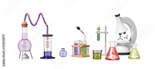 3d science experiment kit with alcohol lamp, beaker, test tube, microscope isolated. classroom online innovative education concept, 3d render illustration