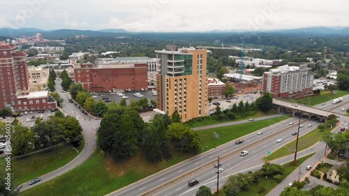 4K Drone Video of Harrah's Cherokee Convention Center in Downtown Asheville, NC viewed from I240 and Broadway on Sunny Summer Day photo
