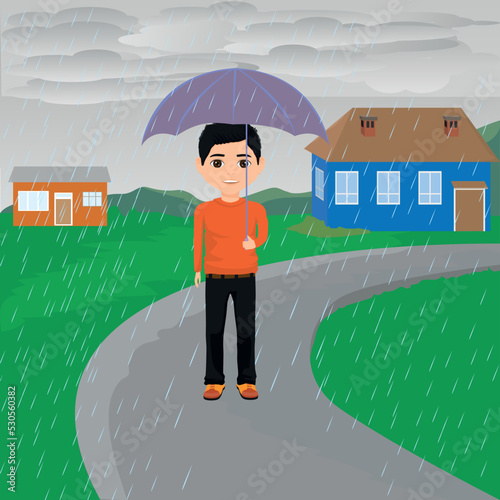 boy walking in the rain with umbrella in hand