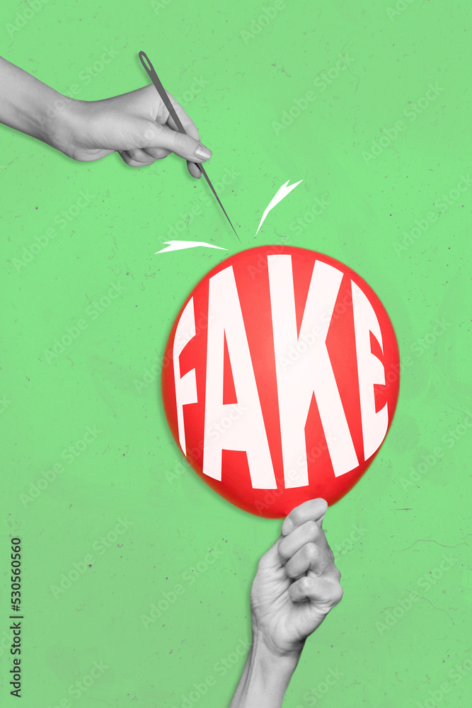 Φωτογραφία Creative trend collage of hands holding balloon fake news inscription sharp need