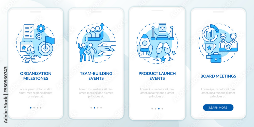 Corporate events examples blue onboarding mobile app screen. Company walkthrough 4 steps editable graphic instructions with linear concepts. UI, UX, GUI template. Myriad Pro-Bold, Regular fonts used