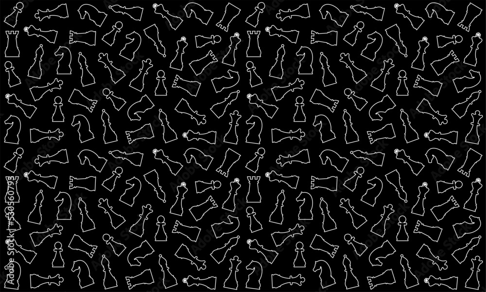 Silhouettes of chess pieces. Chessboard. Black and white. Chess icons. Vector chess isolated on white background. King, Queen, rook, knight, Bishop, pawn. Seamless chess background Silhouettes of chess pieces. Chessboard. Black and white. Chess icons. Vector chess isolated on white background. King, Queen, rook, knight, Bishop, pawn. Seamless chess background
