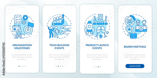 Corporate events examples blue onboarding mobile app screen. Company walkthrough 4 steps editable graphic instructions with linear concepts. UI, UX, GUI template. Myriad Pro-Bold, Regular fonts used
