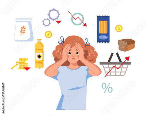 A shocked red-haired woman surrounded by scarce food. Inflation