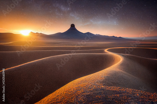 In search of Shambhala. Tibet. Sunrise in desert. The sun rises above the horizon from behind the mountains. Beautiful landscape. Digital art. 3D illustration
