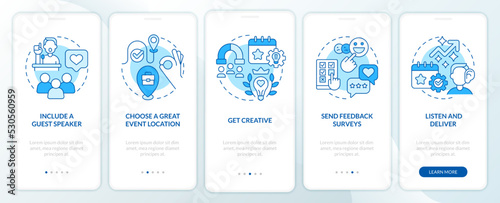 Increasing events attendance blue onboarding mobile app screen. Walkthrough 5 steps editable graphic instructions with linear concepts. UI, UX, GUI template. Myriad Pro-Bold, Regular fonts used