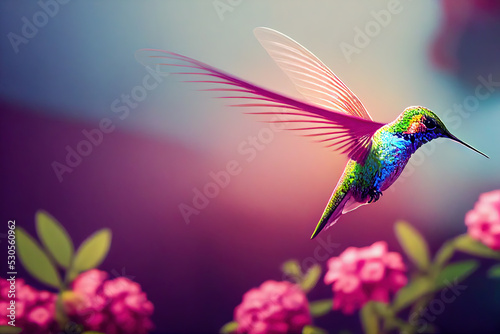 Beautiful colourful hummingbird flies to the flower. Small colorful bird in flight. digital art
