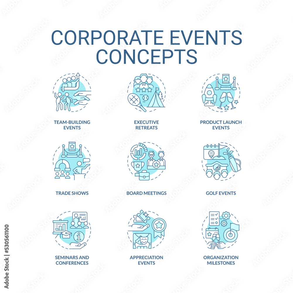 Fototapeta premium Corporate events turquoise concept icons set. Business culture and communication idea thin line color illustrations. Isolated symbols. Editable stroke. Roboto-Medium, Myriad Pro-Bold fonts used