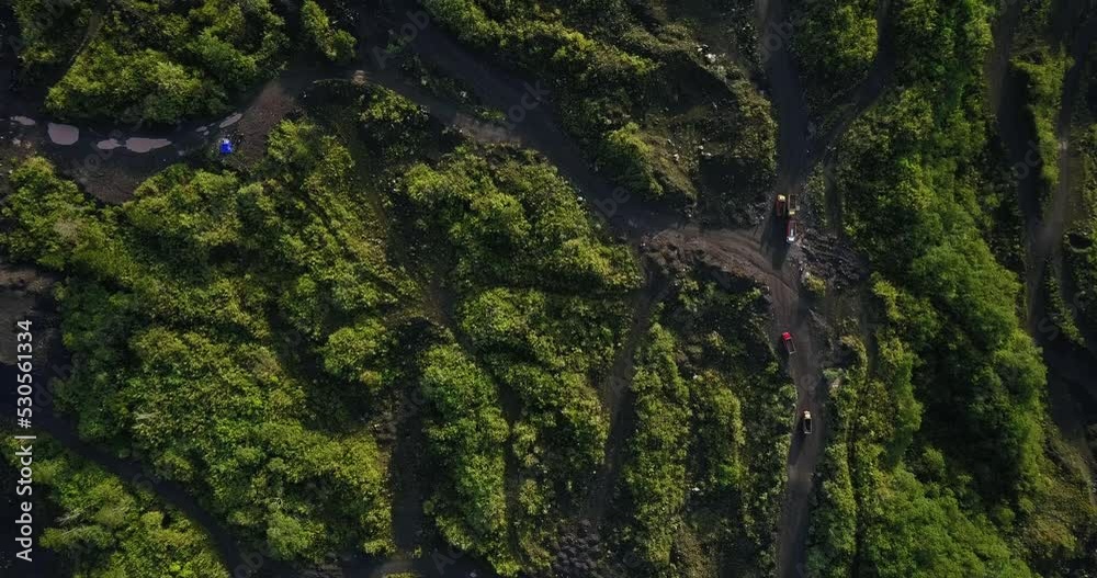 irregular paths. environmental damage from mining activities. Aerial headshot view.
