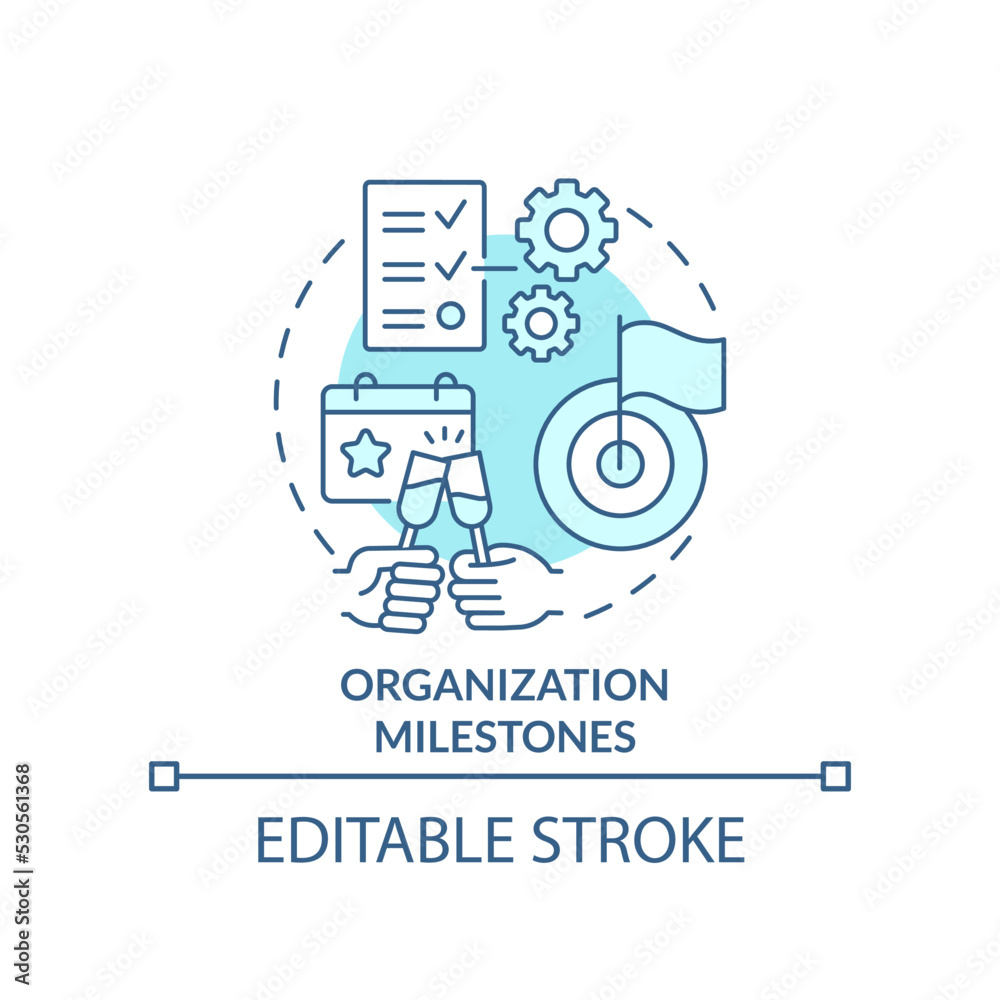 Organization milestones turquoise concept icon. Type of corporate events abstract idea thin line illustration. Isolated outline drawing. Editable stroke. Arial, Myriad Pro-Bold fonts used