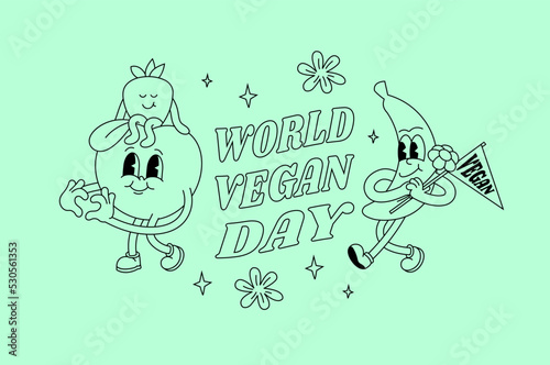 Vector illustration greeting card for world vegan day with fruits characters.