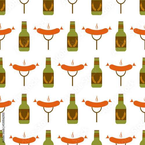 Seamless pattern with beer and sausage. Icon bottle beer and sausage in retro color palette. Food concept in flat design. Design for print on wrapping paper, wallpaper, fabric. Vector illustration