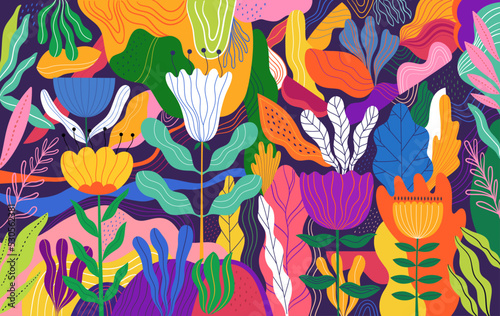 Beautiful flower pattern with flowers, leaves, flower compositions. Elegant notebook cover. Unique trendy colorful background