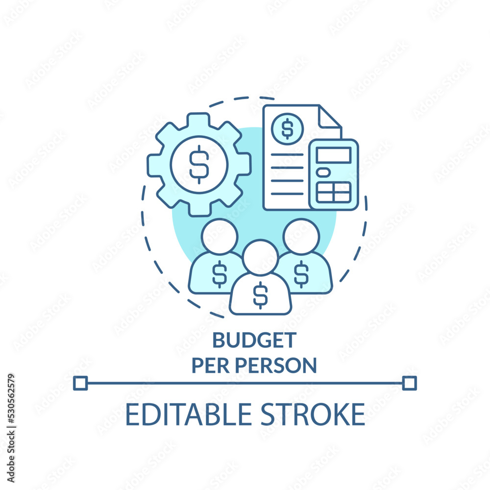 Budget per person turquoise concept icon. Calculating costs. Planning small event abstract idea thin line illustration. Isolated outline drawing. Editable stroke. Arial, Myriad Pro-Bold fonts used