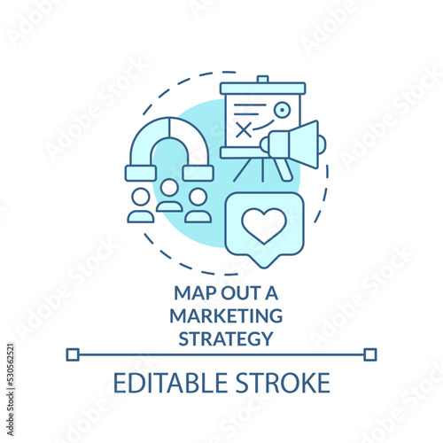 Map out marketing strategy turquoise concept icon. Planning small event abstract idea thin line illustration. Isolated outline drawing. Editable stroke. Arial, Myriad Pro-Bold fonts used