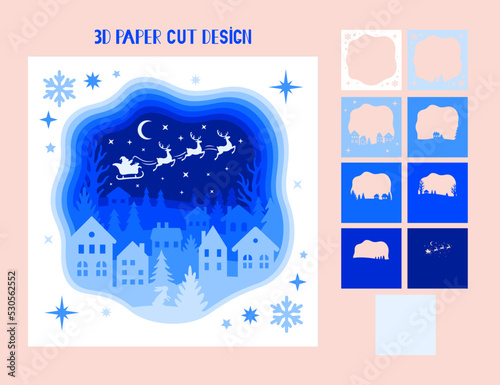 3D Christmas shadow box. Vector layered tunnel card. Santa Claus flies in a sleigh with reindeer over the winter city. Template for paper cutting. Christmas light box.
