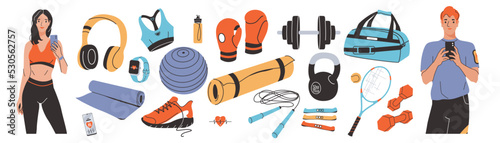 Sport equipment, gym accessory collection, athletic man, woman taking