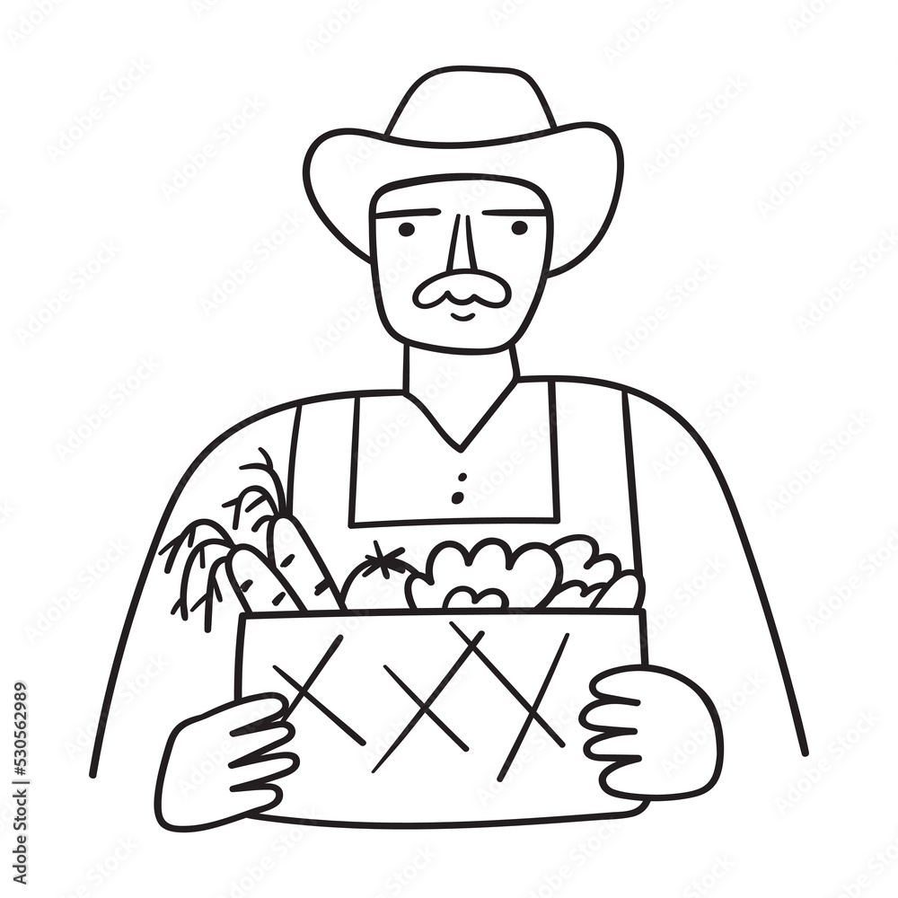 Farmer holding box with vegetables. Vector icon. Outline illustration on white background.