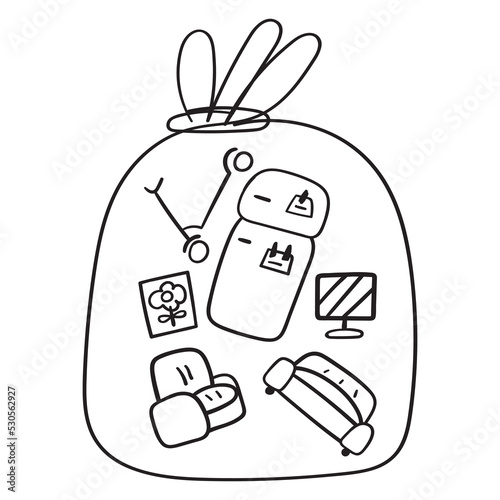 Outline vector icon. Garbage bag full of useless household items. Graphic design on white background.