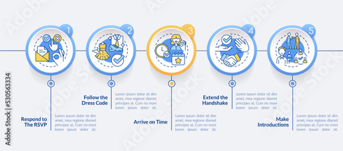 Common business event etiquette rules circle infographic template. Data visualization with 5 steps. Editable timeline info chart. Workflow layout with line icons. Lato-Bold, Regular fonts used © bsd studio
