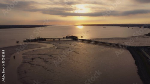 Drone. The Humber estuary filmed at sunset, summer. Paull. East Yorkshire. UK photo