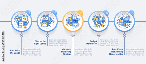 Planning small event circle infographic template. Organization. Data visualization with 5 steps. Editable timeline info chart. Workflow layout with line icons. Lato-Bold-Bold, Regular fonts used