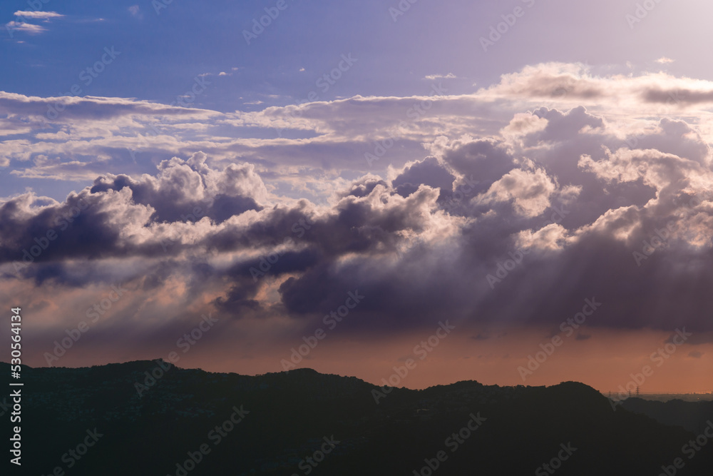 At dusk, the clouds in the sky change in a thousand different scenes. Rapid changes in the cloud landscape, Taiwan.
