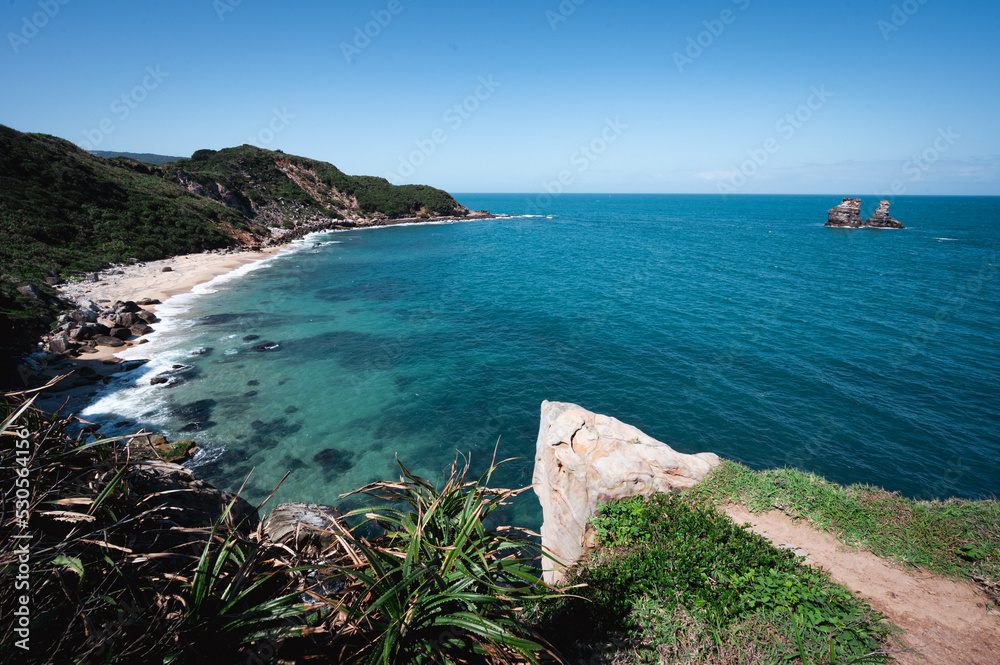 Blue sea, rocky hills. Landscape of the North Coast. A relaxing seaside. Taiwan.