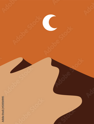 Vector illustration of a desert background. Sandy desert. Dune silhouette, icon, logo, pictogram. Mexico, Mexican, African, Arizona. Exotic plants in the desert. Sand. Sun over the sands