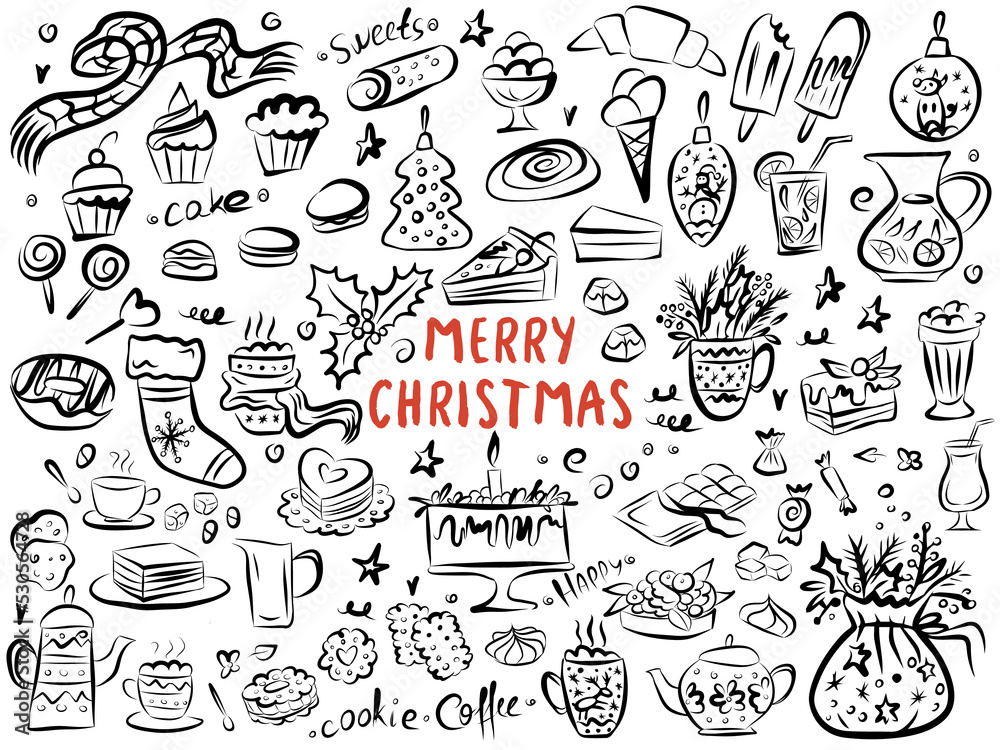 Christmas set - cup hot drink, teapot, lollipop, gift, cookie, sock, balls. Hand drawn style. Vector illustration. Merry Christmas. Happy New Year.