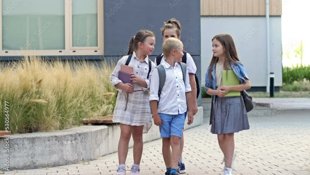 Four elementary school students, two boys and two girls, are walking around the school yard. The children are talking animatedly. Back to school. Four elementary school students, two boys and two girls, are walking around the school yard. The children are talking animatedly. Back to school.