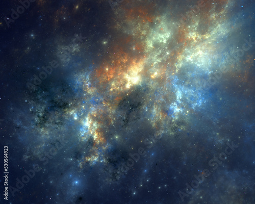 Abstract fractal art background which suggests a nebula and stars in outer space.