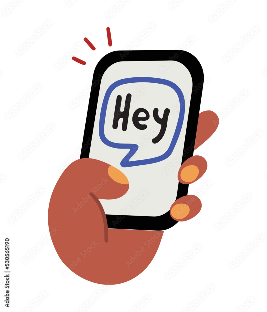 Hand drawn doodle style hand, holding a phone, receiving a message. Isolated on white vector illustration in cartoon style Hand drawn doodle style hand, holding a phone, receiving a message. Isolated on white vector illustration in cartoon style