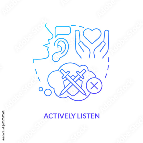 Actively listen blue gradient concept icon. Reconnect after huge fight abstract idea thin line illustration. Withholding judgment. Asking questions. Isolated outline drawing. Myriad Pro-Bold font used