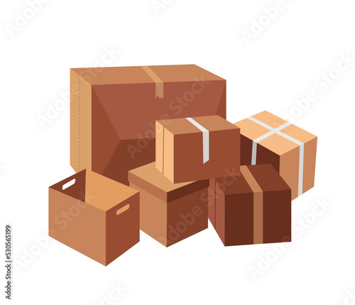 Stack of brown carton boxes, for moving stuff and relocating home or office, isolated on white vector illustration in flat style