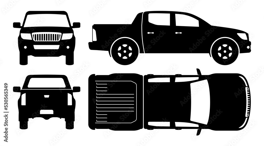 Pickup truck silhouette on white background. Vehicle icons set view from side, front, back, and top - obrazy, fototapety, plakaty 