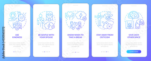 Solving marital problems blue gradient onboarding mobile app screen. Walkthrough 5 steps graphic instructions with linear concepts. UI, UX, GUI template. Myriad Pro-Bold, Regular fonts used