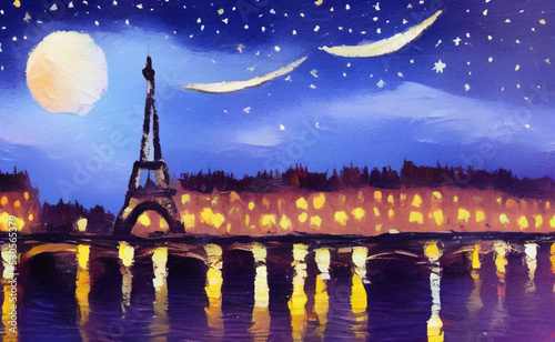 Paris city at night oil painting palette knife on canvas. Starry night and full moon cityscape. Popular touristic place. Trendy wall art print, poster, creative design.