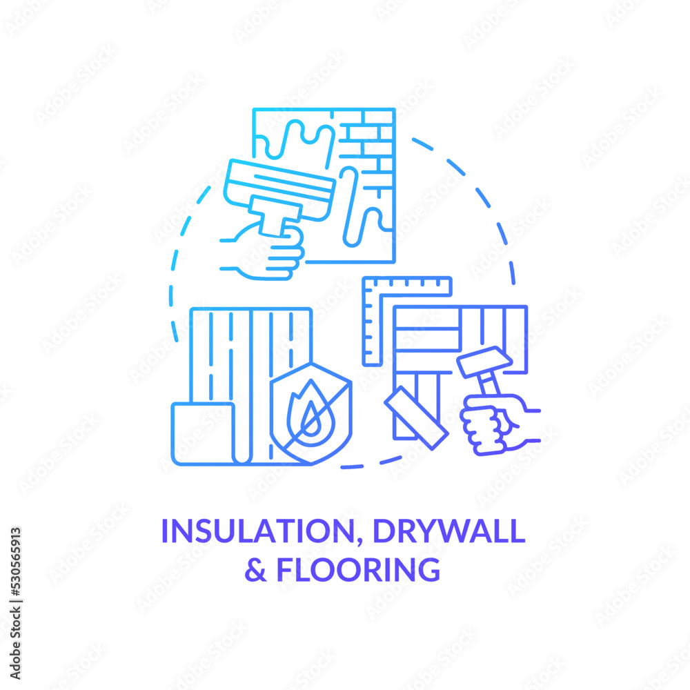 Insulation, drywall and flooring blue gradient concept icon. Construction works. Phase of home building abstract idea thin line illustration. Isolated outline drawing. Myriad Pro-Bold font used