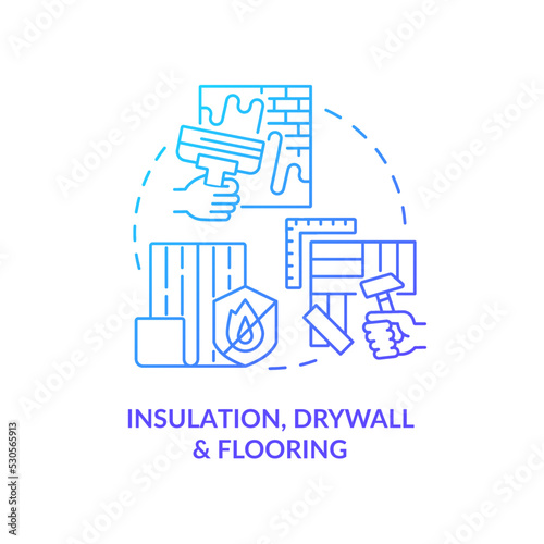 Insulation, drywall and flooring blue gradient concept icon. Construction works. Phase of home building abstract idea thin line illustration. Isolated outline drawing. Myriad Pro-Bold font used