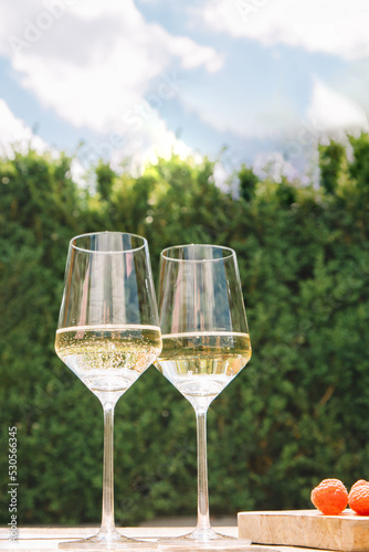 Two glasses of white wine on a wooden table against a green hedge and blue sky