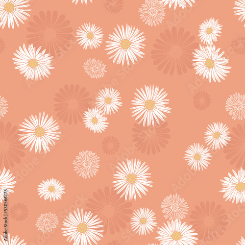 Sweet Summer White Daisies on Peach background Vector Seamless Pattern © Farijazz