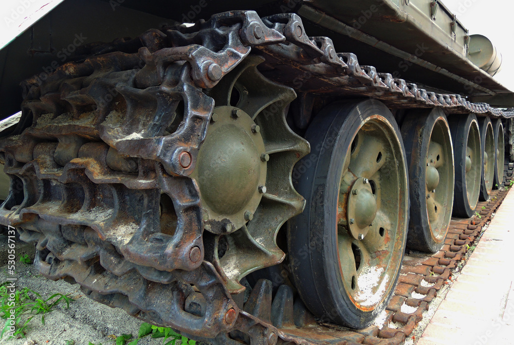 The chassis of an old battle tank that has not been used for a long time
