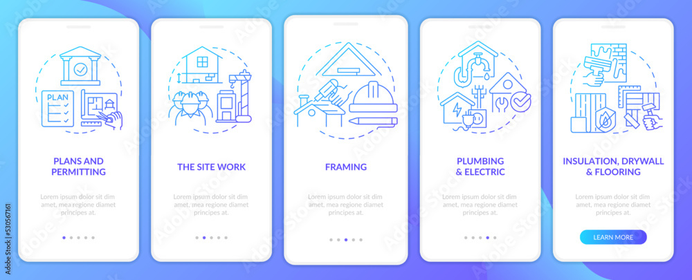 Home building phases blue gradient onboarding mobile app screen. Construction walkthrough 5 steps graphic instructions with linear concepts. UI, UX, GUI template. Myriad Pro-Bold, Regular fonts used