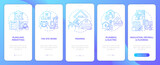 Home building phases blue gradient onboarding mobile app screen. Construction walkthrough 5 steps graphic instructions with linear concepts. UI, UX, GUI template. Myriad Pro-Bold, Regular fonts used