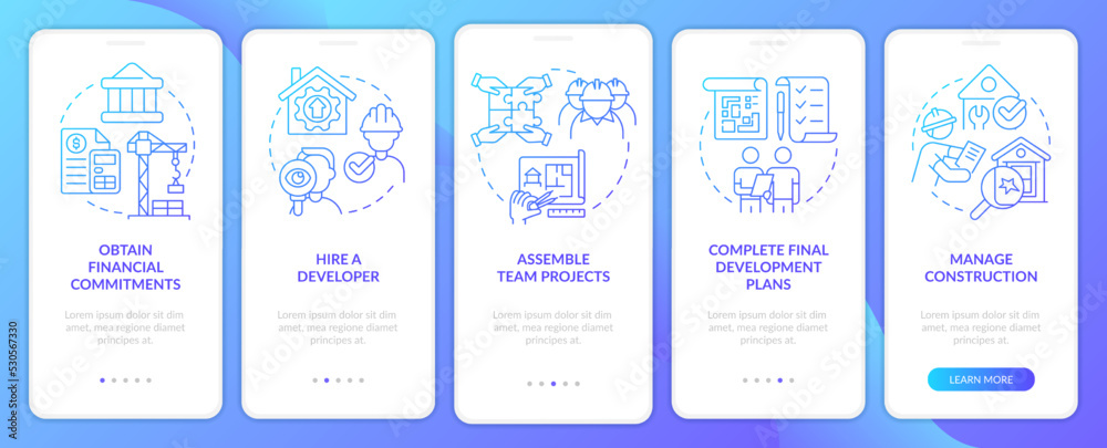 Advices for housing development blue gradient onboarding mobile app screen. Walkthrough 5 steps graphic instructions with linear concepts. UI, UX, GUI template. Myriad Pro-Bold, Regular fonts used